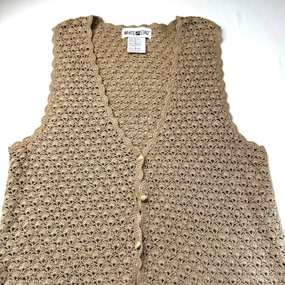 Crochet Sweater Vest Beige Ramie Cotton Large Boho Cottage Retro Hippy Festival - Picture 1 of 9
